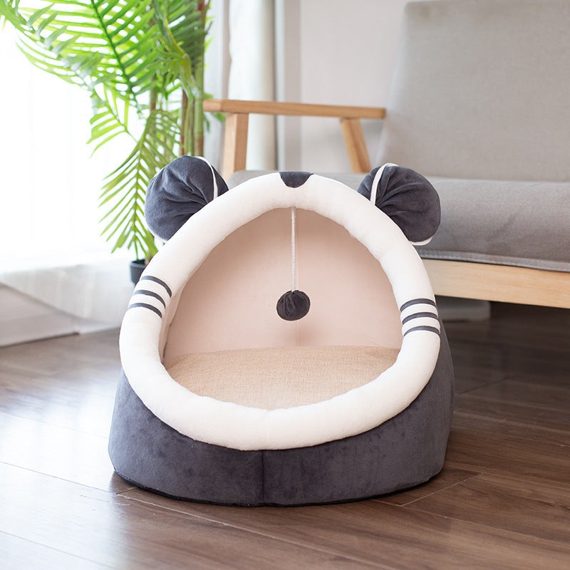 Niche corbeille semi-fermée MonPachaTech grise et beige avec oreilles d'ours, coussin moelleux et pompon suspendu