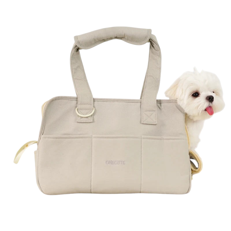 Sac de transport bandoulière MonPachaTech beige pour petit chien avec poignée rembourrée et poches de rangement