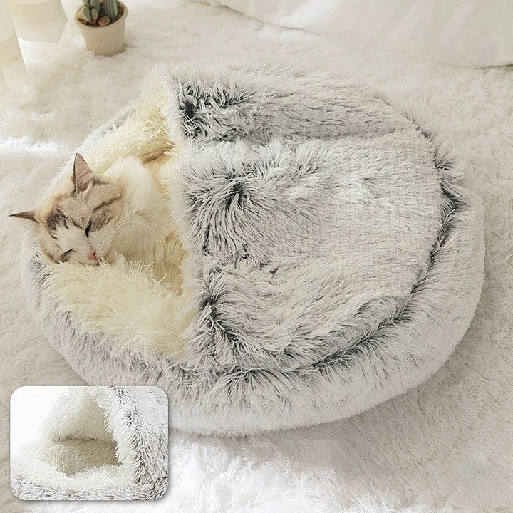 Lit pour chiens et chats – Couchage d'hiver rond, chaud et douillet en peluche douce à poils longs