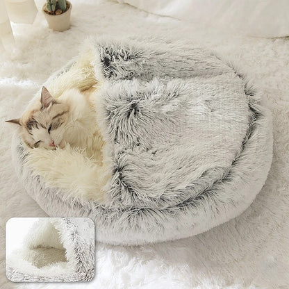 Lit pour chiens et chats – Couchage d'hiver rond, chaud et douillet en peluche douce à poils longs