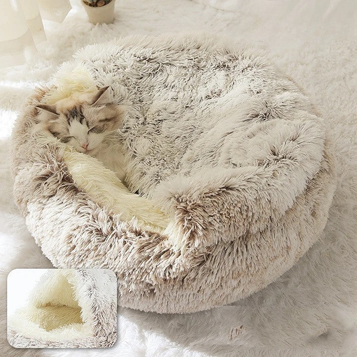 Lit pour chiens et chats – Couchage d'hiver rond, chaud et douillet en peluche douce à poils longs