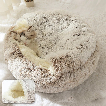 Lit pour chiens et chats – Couchage d'hiver rond, chaud et douillet en peluche douce à poils longs