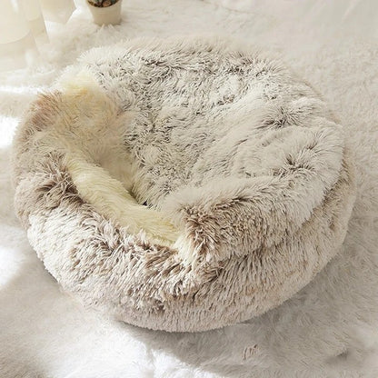 Lit pour chiens et chats – Couchage d'hiver rond, chaud et douillet en peluche douce à poils longs
