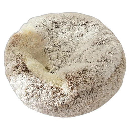 Lit pour chiens et chats – Couchage d'hiver rond, chaud et douillet en peluche douce à poils longs