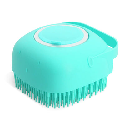 Brosse de bain MonPachaTech en silicone bleu avec réservoir de shampoing intégré et boucle de poignet pour animaux