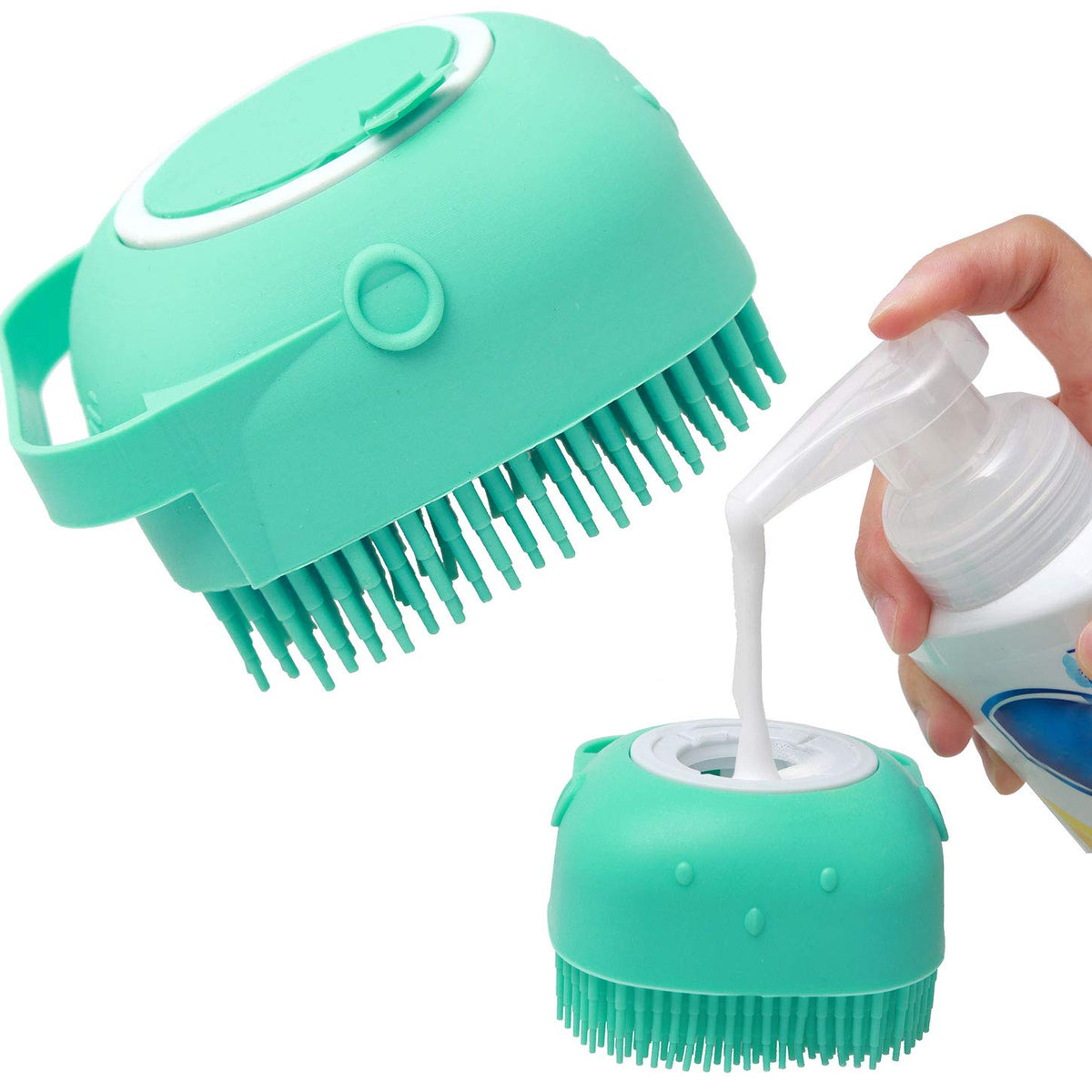 Brosse de bain en silicone MonPachaTech verte avec réservoir de shampoing intégré pour chien et chat