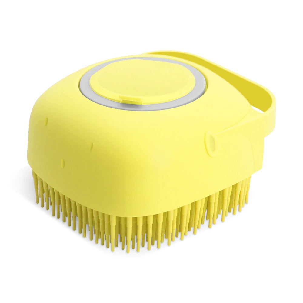 Brosse de bain MonPachaTech jaune en silicone pour chien et chat avec réservoir de shampoing et boucle de poignet