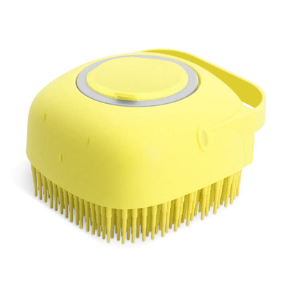 Brosse de bain MonPachaTech jaune en silicone pour chien et chat avec réservoir de shampoing et boucle de poignet