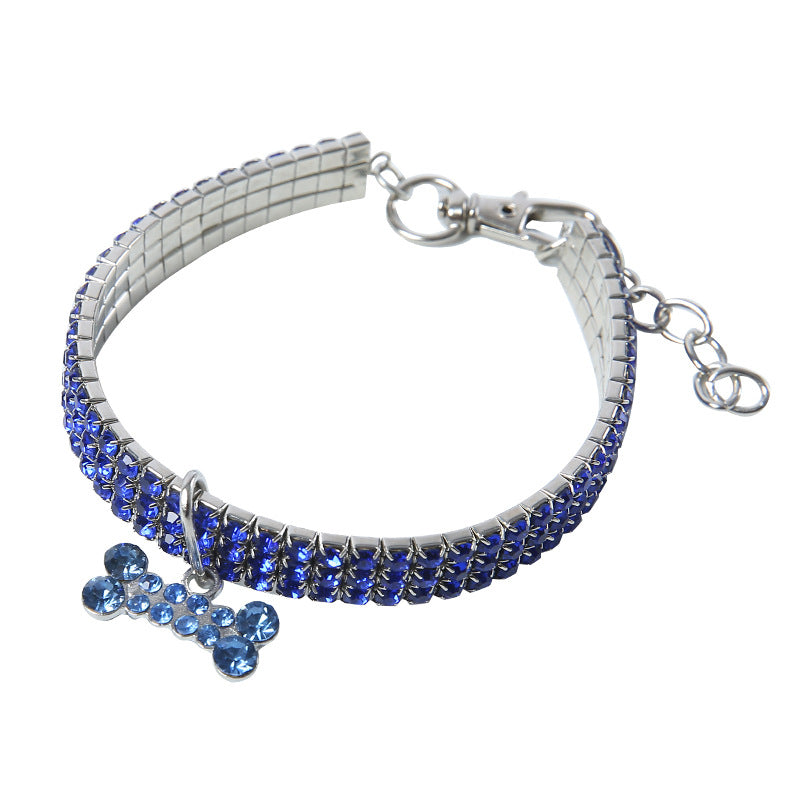 Collier MonPachaTech bleu orné de strass avec pendentif en forme d'os en cristal pour petit chien ou chat
