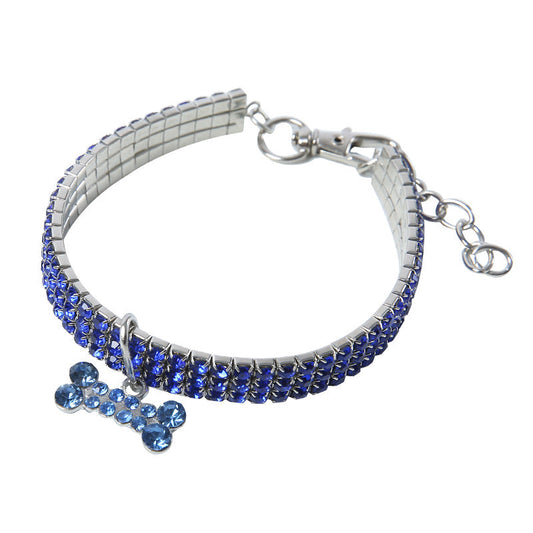 Collier MonPachaTech bleu orné de strass avec pendentif en forme d'os en cristal pour petit chien ou chat