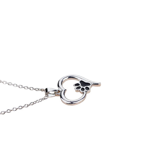 Collier MonPachaTech argenté avec pendentif cœur ajouré et motif patte de chien noir pour amoureux des animaux