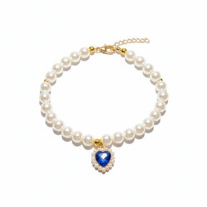 Collier MonPachaTech pour chien et chat en perles blanches avec pendentif en cristal bleu en forme de cœur