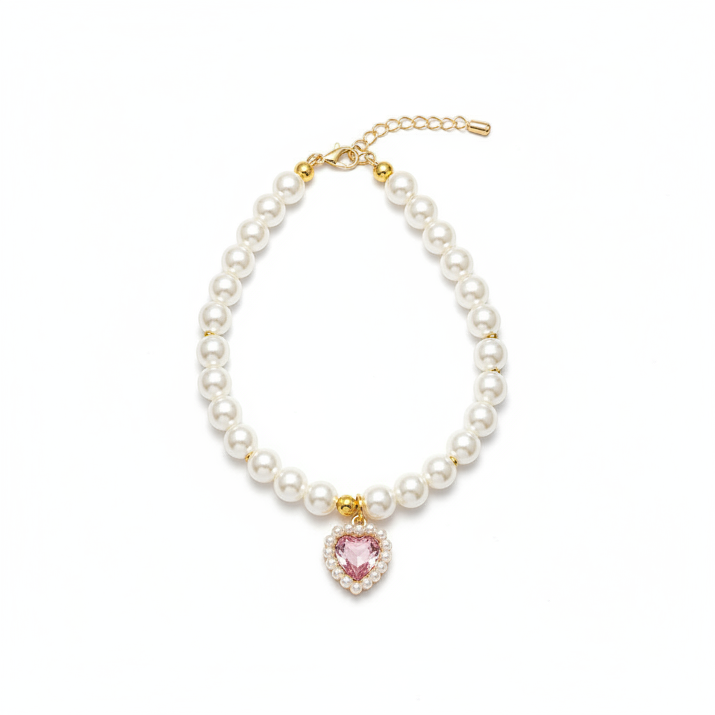 Collier MonPachaTech pour chien et chat avec perles blanches et pendentif en cristal rose en forme de cœur