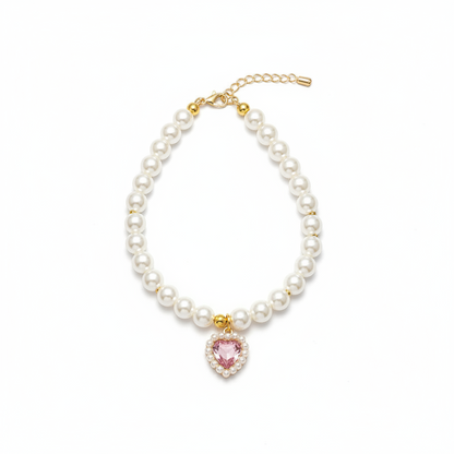 Collier MonPachaTech pour chien et chat avec perles blanches et pendentif en cristal rose en forme de cœur