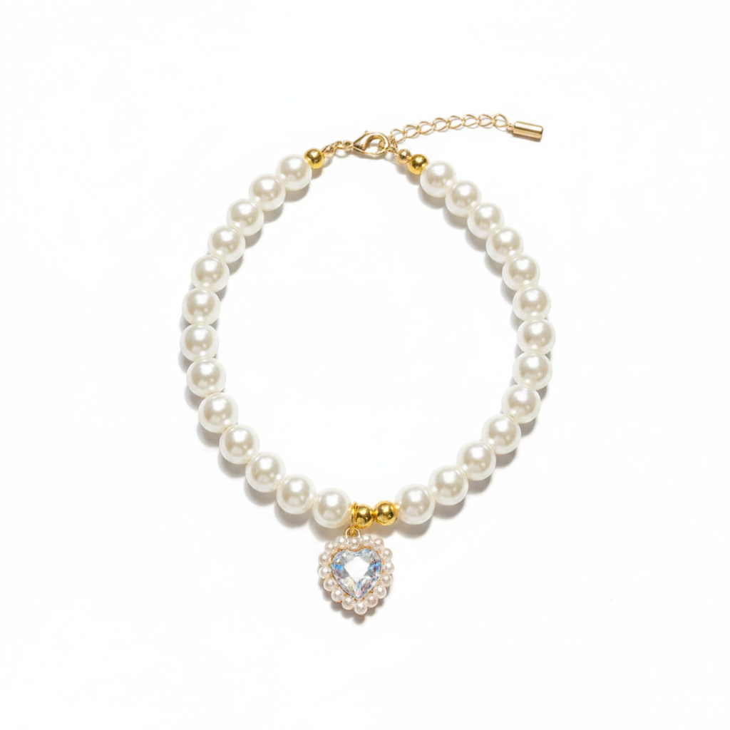 Collier MonPachaTech pour chien et chat avec perles blanches et pendentif en cristal en forme de cœur style rétro