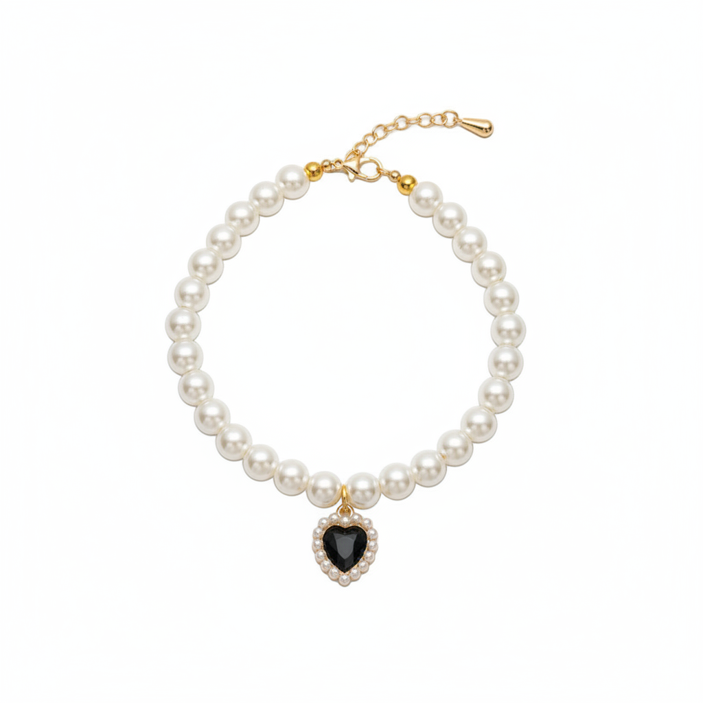 Collier de perles MonPachaTech pour chien ou chat avec pendentif en cristal noir en forme de cœur style rétro