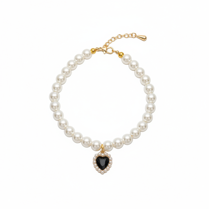 Collier de perles MonPachaTech pour chien ou chat avec pendentif en cristal noir en forme de cœur style rétro