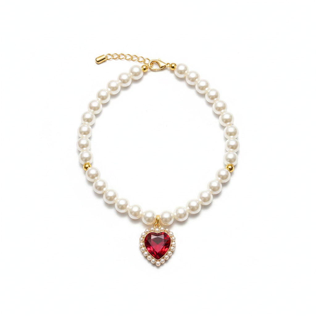Collier MonPachaTech pour chien et chat avec perles blanches et pendentif en cristal rouge en forme de cœur
