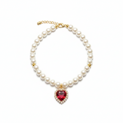 Collier MonPachaTech pour chien et chat avec perles blanches et pendentif en cristal rouge en forme de cœur