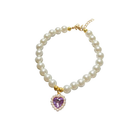 Collier MonPachaTech pour chien et chat avec perles blanches et pendentif en cristal violet en forme de cœur