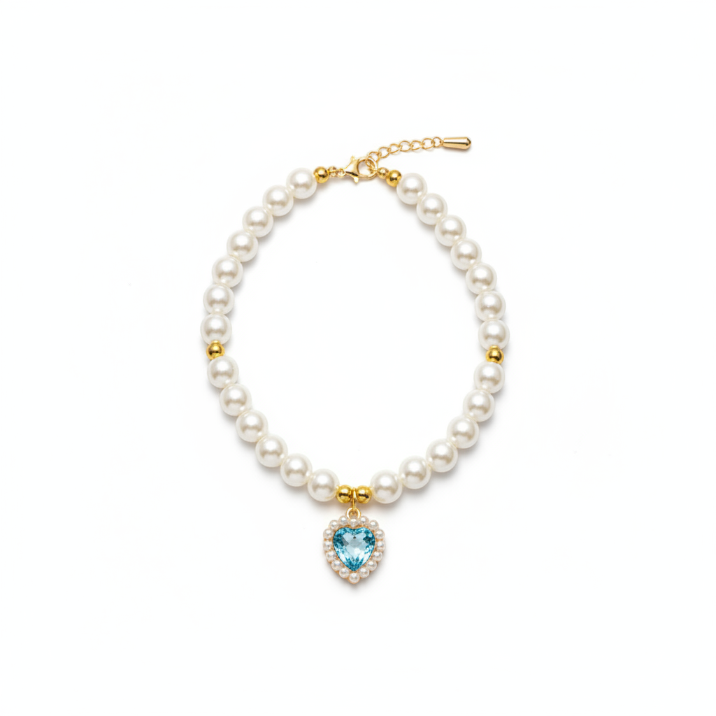 Collier MonPachaTech pour chien et chat avec perles blanches et pendentif en cristal bleu en forme de cœur