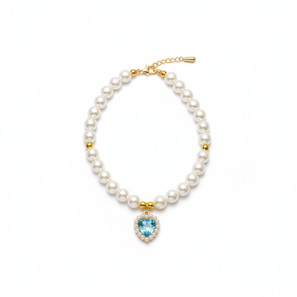 Collier MonPachaTech pour chien et chat avec perles blanches et pendentif en cristal bleu en forme de cœur