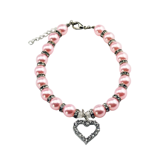 Collier MonPachaTech pour chat et petit chien avec perles roses, strass et pendentif en forme de cœur brillant