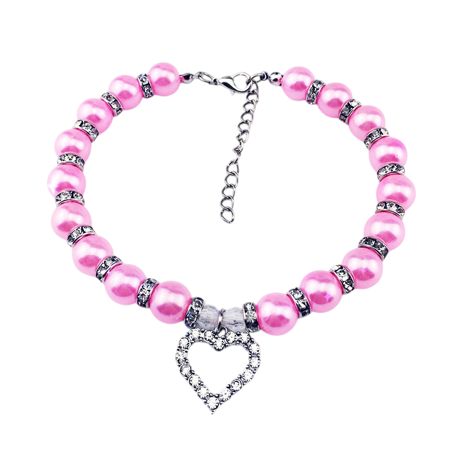 Collier MonPachaTech pour chat ou petit chien avec perles roses et pendentif en forme de cœur strassé