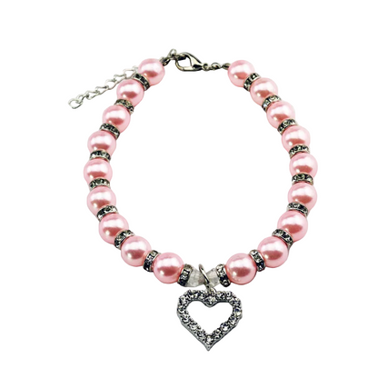 Collier MonPachaTech pour chat ou petit chien avec perles roses, strass et pendentif en forme de cœur argenté