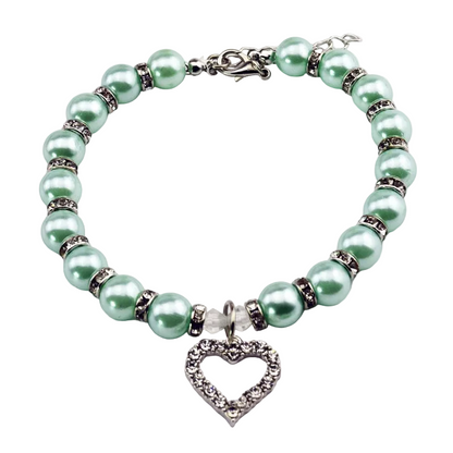 Collier MonPachaTech pour chat ou petit chien avec perles vert menthe et pendentif cœur en strass brillant