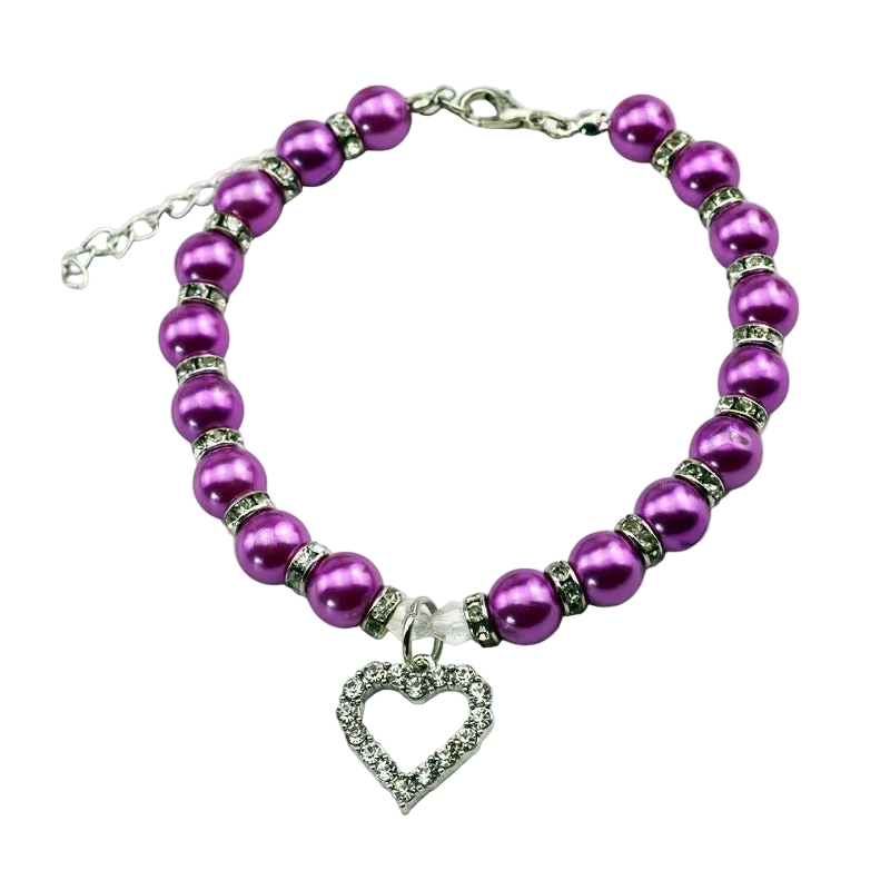 Collier MonPachaTech pour chat ou petit chien avec perles violettes brillantes et pendentif cœur en strass