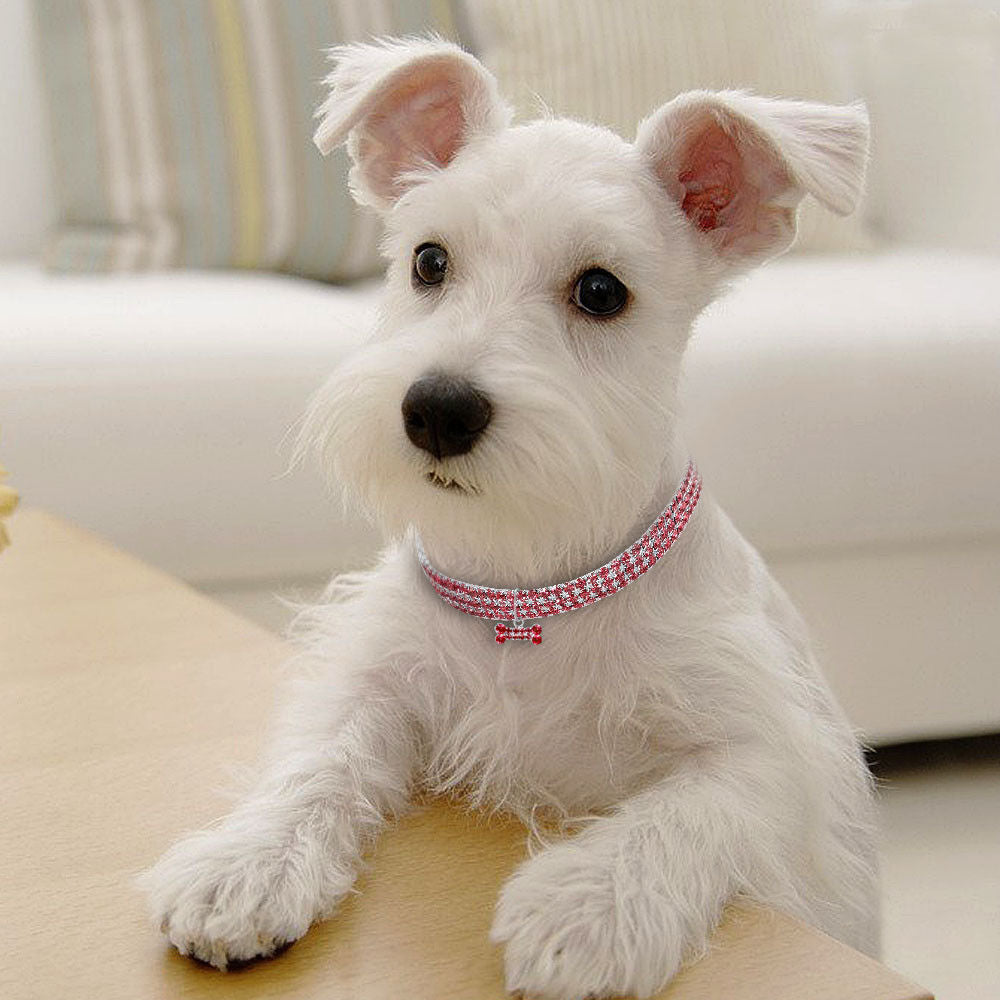 Collier MonPachaTech rose à strass et pendentif cristal porté par un petit chien blanc sur une table