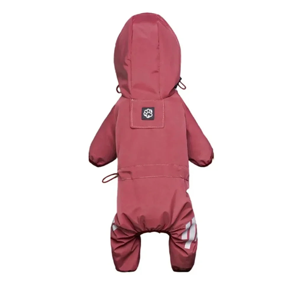 Combinaison imperméable rouge MonPachaTech pour petit chien avec capuche et bandes réfléchissantes sur les pattes