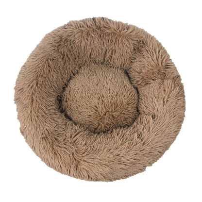 Coussin donut apaisant MonPachaTech en fausse fourrure marron moelleuse pour le confort des chats et chiens