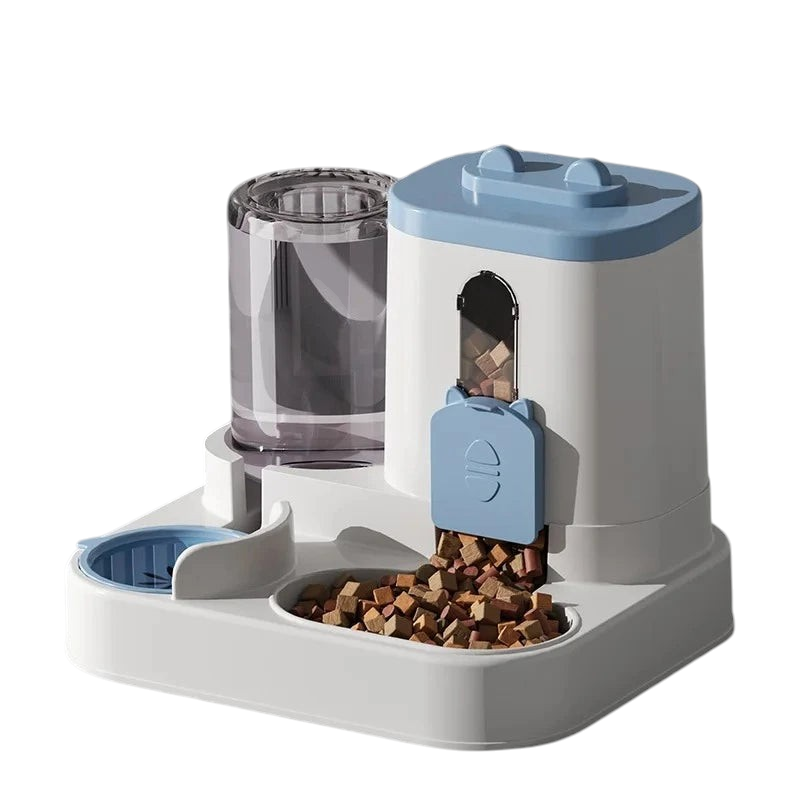 Distributeur automatique 2 en 1 MonPachaTech bleu et blanc pour nourriture et eau par gravité pour chat et chien