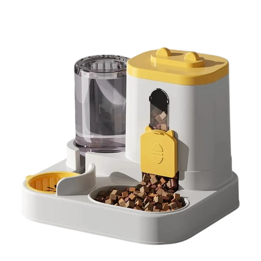 Distributeur automatique 2 en 1 MonPachaTech blanc et jaune pour croquettes et eau avec réservoir transparent