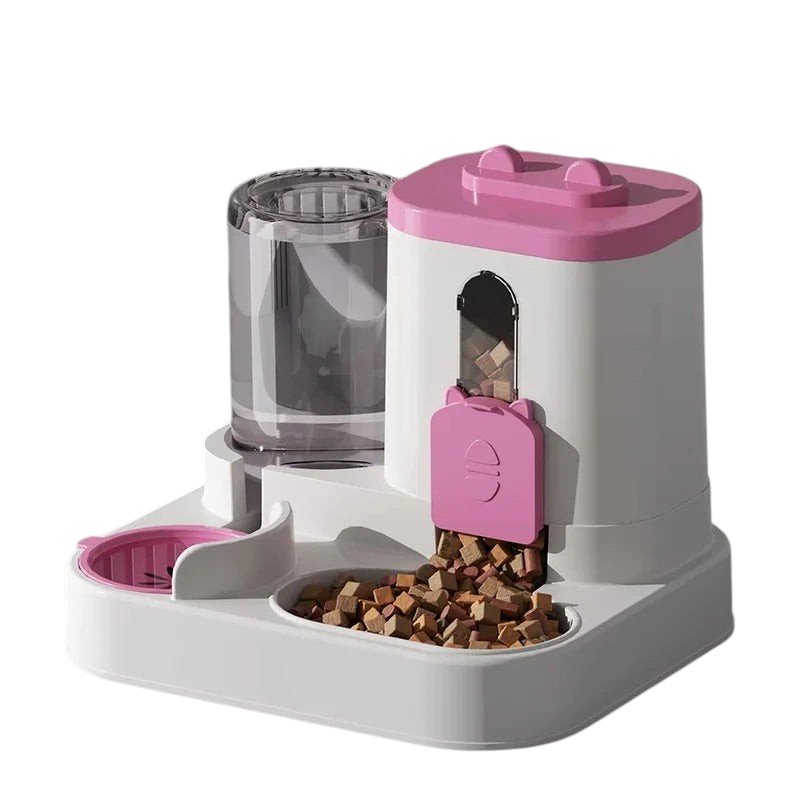 Distributeur automatique 2 en 1 MonPachaTech rose et blanc pour croquettes et eau avec réservoir transparent