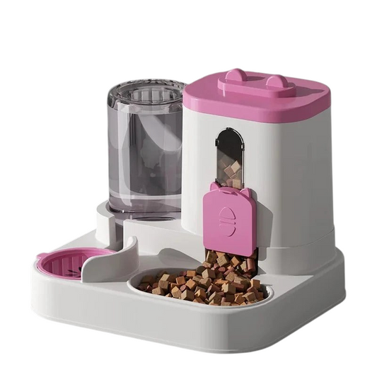 Distributeur automatique 2 en 1 MonPachaTech rose et blanc pour croquettes et eau avec réservoir transparent