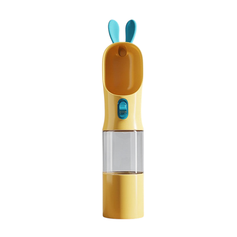 Gourde de voyage MonPachaTech jaune pour chien et chat avec coupelle intégrée, réservoir transparent et oreilles bleues