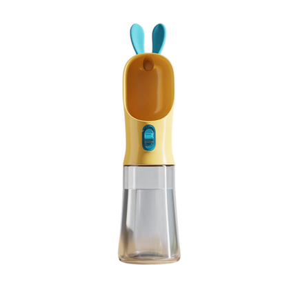 Gourde de voyage MonPachaTech jaune avec oreilles de lapin bleues, réservoir transparent et abreuvoir intégré