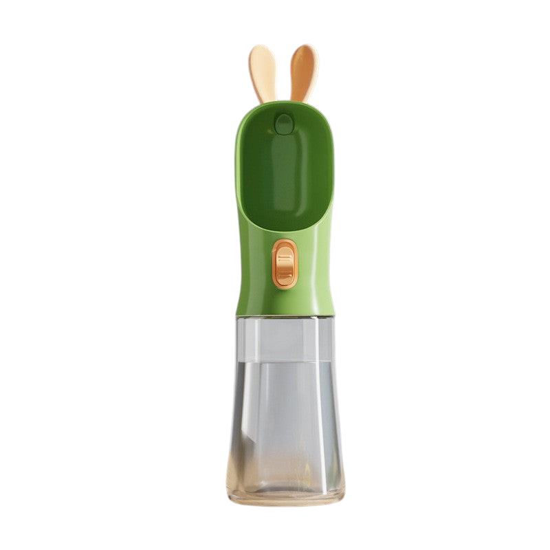 Gourde de voyage verte MonPachaTech pour chien et chat avec réservoir transparent et oreilles de lapin décoratives