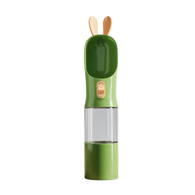 Gourde de voyage verte MonPachaTech pour chien et chat avec coupelle intégrée, réservoir transparent et bouton
