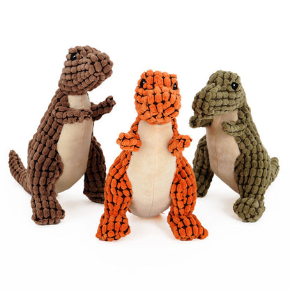 Jouets peluches dinosaures MonPachaTech en chenille bouclette avec couineur, disponibles en vert, orange et marron.