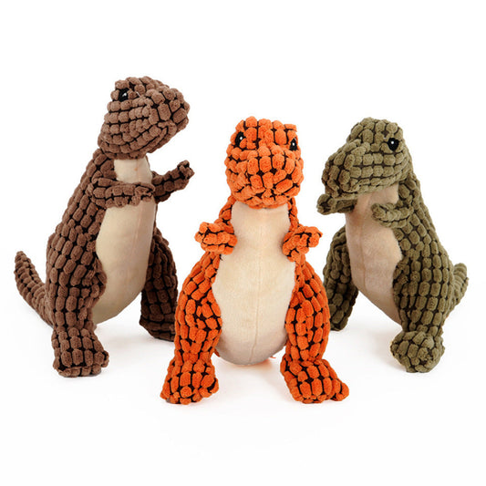 Jouets peluches dinosaures MonPachaTech en chenille bouclette avec couineur, disponibles en vert, orange et marron.