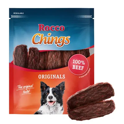 MonPachaTech Rocco Chings lamelles de bœuf séché naturelles pour chien en sachet refermable de 150 g
