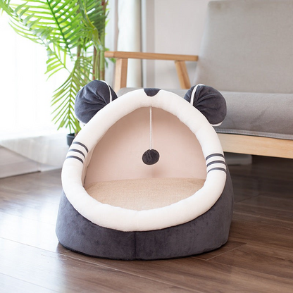 Niche corbeille semi-fermée MonPachaTech grise et beige avec oreilles d'ours, coussin moelleux et pompon suspendu