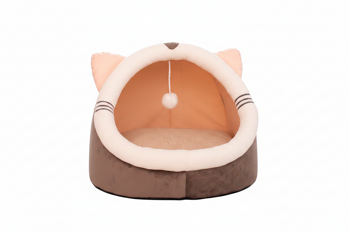 Niche corbeille semi-fermée MonPachaTech marron et beige avec oreilles d'ours, coussin doux et pompon suspendu