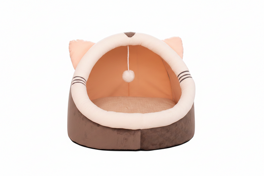 Niche corbeille semi-fermée MonPachaTech marron et beige avec oreilles d'ours, coussin doux et pompon suspendu