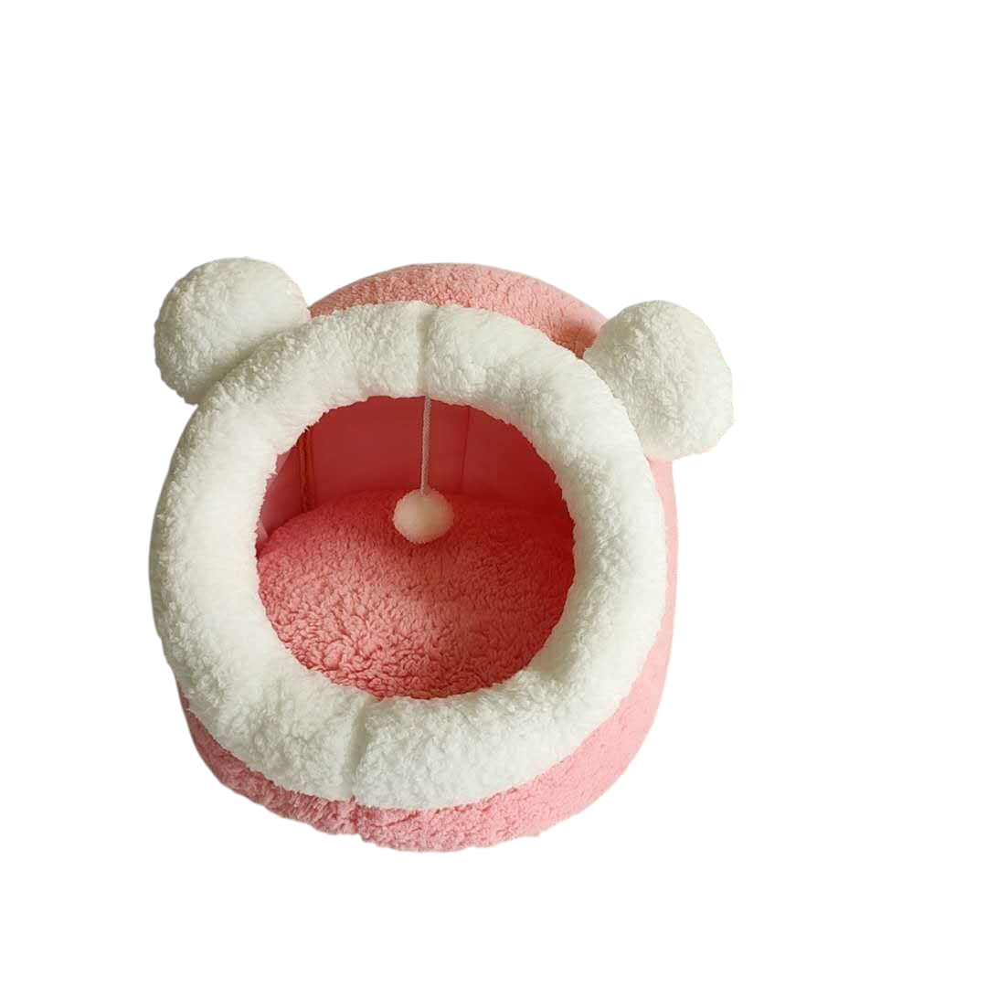 Niche corbeille MonPachaTech rose et blanche pour chat avec oreilles d'ours, coussin moelleux et pompon suspendu