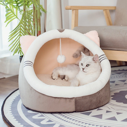 Niche corbeille semi-fermée MonPachaTech pour chat avec oreilles, coussin moelleux et pompon de jeu